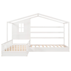 English Elm Wood House Twin L-shaped Kids Bed Solid Pine Playhouse Frame with Slatted Support LP001345AAK
