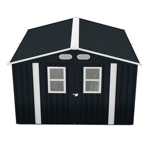 English Elm Outdoor Metal Storage Shed 8x8 Ft with Four Windows and Lockable Double Doors Dark Gray W1598S00041