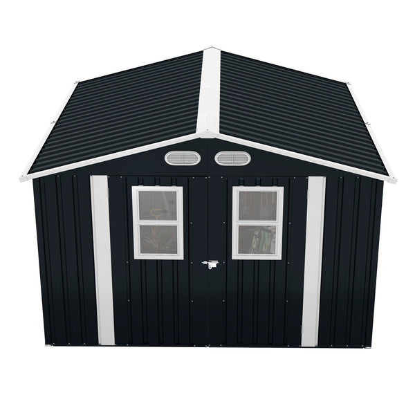 English Elm Outdoor Metal Storage Shed 8x8 Ft with Four Windows and Lockable Double Doors Dark Gray W1598S00041