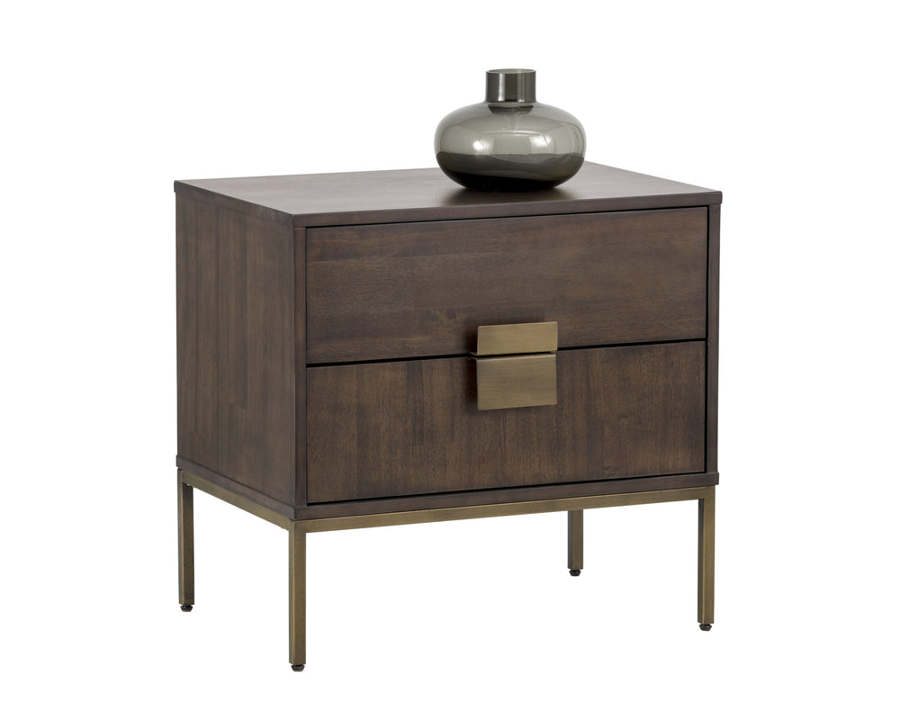 Sunpan Jade Nightstand - Elegant Acacia Wood Design with Dual Drawers for Stylish Bedroom Storage Solutions Antique Brass / Dark Mango
