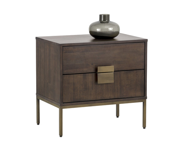 Sunpan Jade Nightstand - Elegant Acacia Wood Design with Dual Drawers for Stylish Bedroom Storage Solutions Antique Brass / Dark Mango