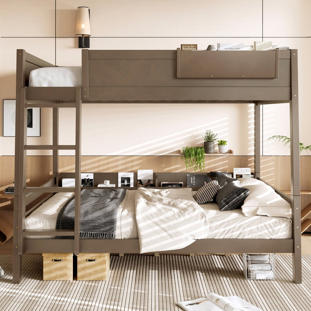 English Elm Queen Over Bunk Bed Pine Frame with Built in Shelving Detachable Vintage Style Brown W5316S00015