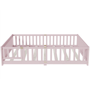 English Elm Queen Rubber Wood Floor Bed with Full Perimeter Safety Fence and Hinged Access Door Pink W504P429344