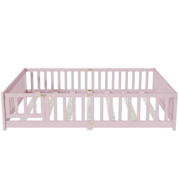 English Elm Queen Rubber Wood Floor Bed with Full Perimeter Safety Fence and Hinged Access Door Pink W504P429344