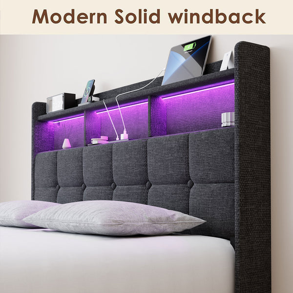English Elm Queen LED Bed Frame with Linen Headboard, 2 Drawers, Fast Charging Ports, Remote RGB Nightlight W1550P190362