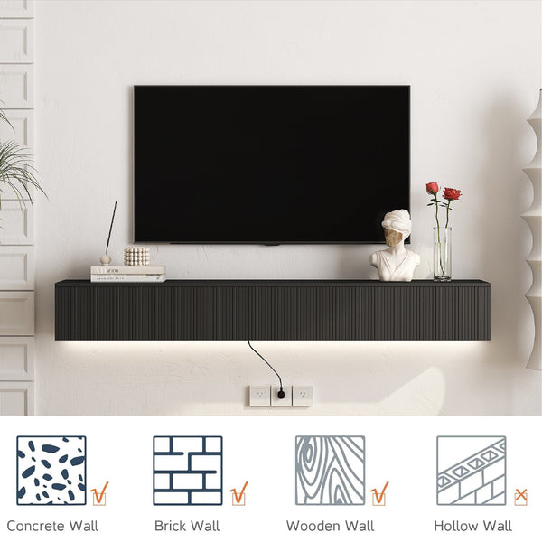 English Elm Floating TV Stand Wall Mounted with 16-Color LED Accent Lighting, 69" Modern Floating Cabinet for TVs Black 74.8 L x 17.52 W x 5.51 H W1321P237656