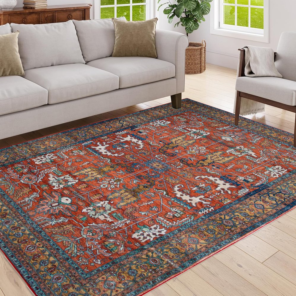 English Elm Area Rug 5X7 Vintage Bohemia Abstract Red Non-Slip Washable Rug For Living Room, Kitchen & Bedroom W2907P265025
