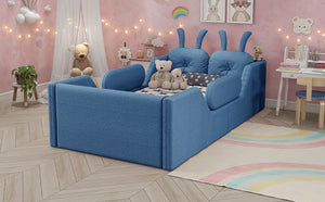 English Elm Twin Kids Platform Bed Teddy Fabric Upholstered with Bunny Cushions and Safety Rails Blue W2593P395808