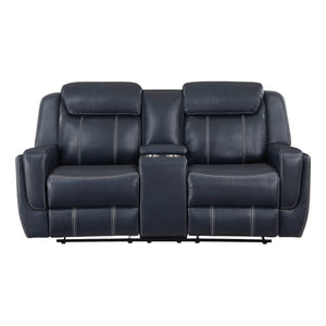 English Elm Modern Blue Dual Reclining Loveseat with Center Console, USB Ports, Hidden Storage, Breathable Faux Leather 75.5" B011P228163