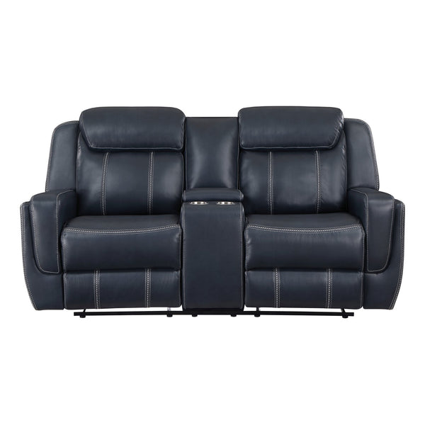 English Elm Modern Blue Dual Reclining Loveseat with Center Console, USB Ports, Hidden Storage, Breathable Faux Leather 75.5" B011P228163