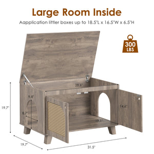 English Elm Flip Top Hidden Cat Litter Box Enclosure with Rattan Doors, Flip-Top Access, Odor Control, Stylish Table Ready Grey T3623P354970