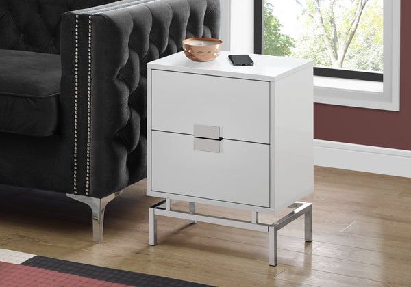 English Elm Accent Table - Contemporary Glossy White Laminate With Chrome Base, Versatile Storage Solution For Any Room B2710P219309