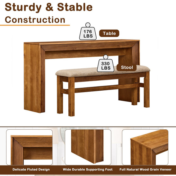 English Elm Fluted Counter Height Dining Set Narrow Bar Console with Upholstered Stool Retro Wood Brown W1202P330888