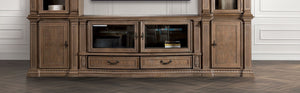English Elm Traditional Weathered Oak Entertainment Console Hand Carved Dentil Crown Six Door Storage B2741S00759