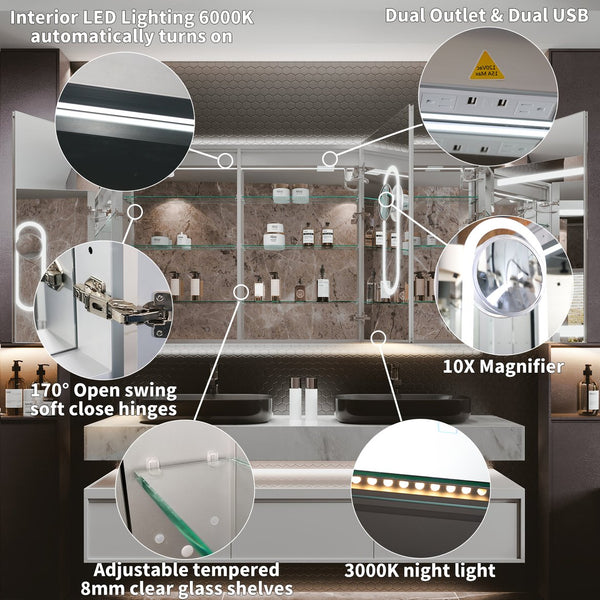 English Elm Smart Led Mirror Cabinet with Anti-fog Dimming Gfci Outlet Bathroom Storage W637P252345
