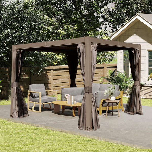 English Elm 10x10 Adjustable Louvered Pergola with Dual Tilt Roof, Integrated Gutter, Durable Aluminum Frame Brown W1859S00127