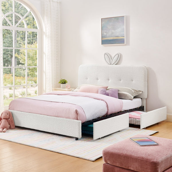 English Elm Queen Boucle Upholstered Kids Bed with Rabbit Ear Headboard Led Lighting Storage Drawers Beige W1413P384927