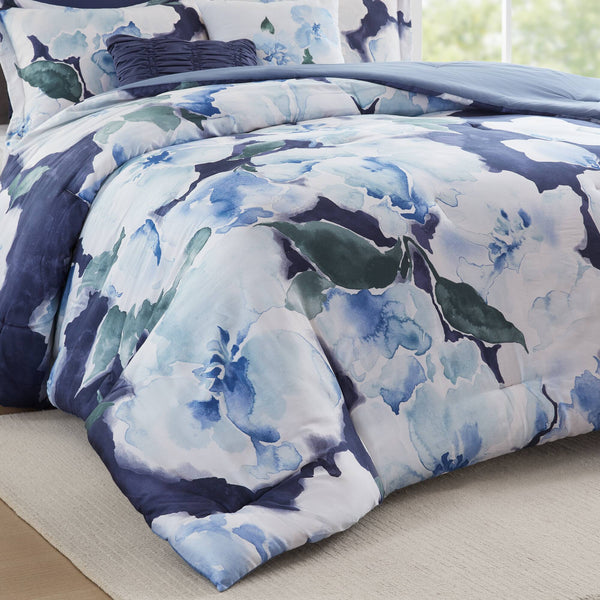 English Elm 7-piece Cal King Cotton Printed Comforter Set with Embroidered Decorative Pillows Blue Multi B035P482994
