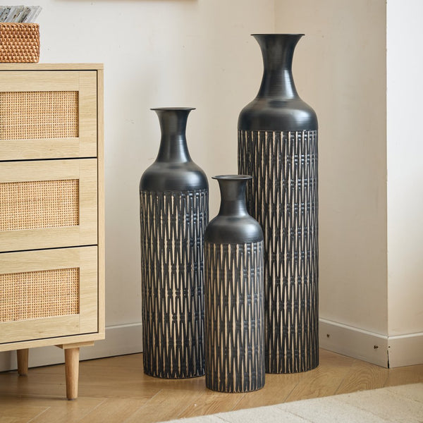 English Elm Decorative Matte Black Metal Floor Vase Trio Embossed Texture for Modern Living Spaces W2796P386870
