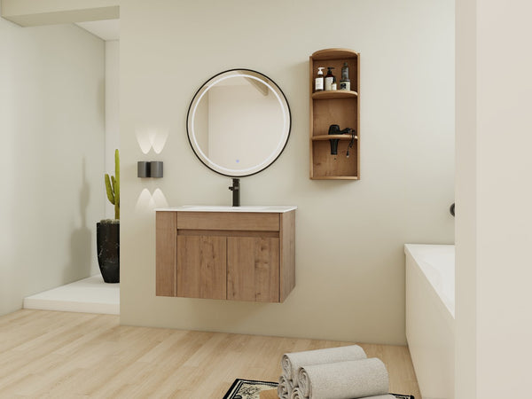 English Elm 30" Wall-Mounted Bathroom Vanity With Ceramic Sink, Soft-Close Doors & Versatile Storage Rack W999S00342