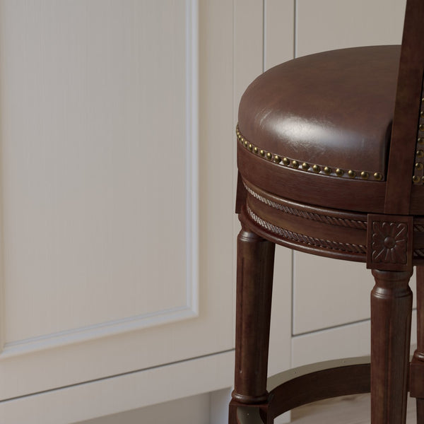 English Elm 31in. Swivel Barstool Faux Leather High Back Nailhead Trim Distressed Walnut Frame B2751P436427