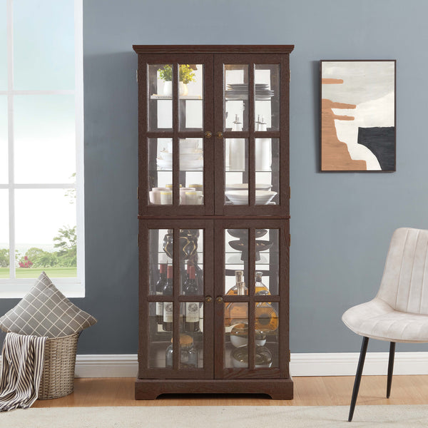 English Elm Curio Clear Glass Display Cabinet with Lattice Doors, Adjustable Shelves, E26 Bulb Included, Vintage Chic Cherry W2275P231688