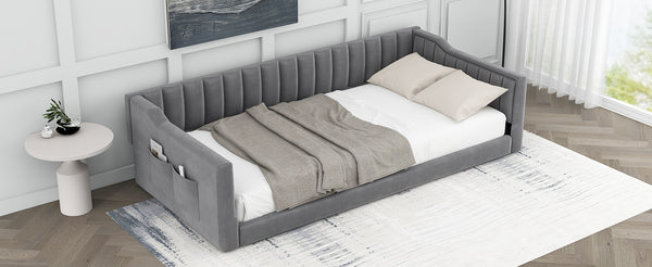 English Elm Twin XL Upholstery Daybed with Vertical Channel Tufting, Velvet Fabric, Slat Support & Side Storage Pocket for Guests Gray DL002210AAE