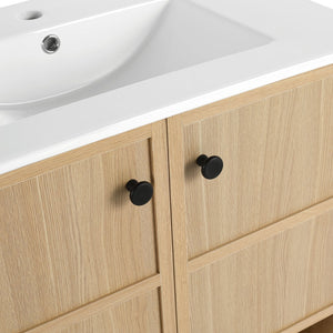 English Elm 30" Freestanding modern oak bathroom vanity with integrated basin, soft-close doors & open shelf storage, plywood construction W1972P268403