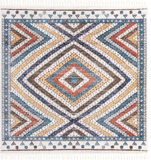 Unique Loom Aramis Rio Machine Made Tribal Rug Blue, Light Blue/Ivory/Light Brown/Terracotta 7' 10" x 7' 10"