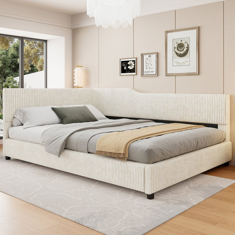 English Elm Full Size L-shaped Corduroy Upholstered Daybed Sofa for Living Room or Studio Beige N737P380207A