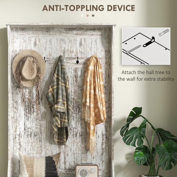 English Elm HOMCOM Entryway Hall Tree with Bench and 5 Double Hooks, Shoe Storage, Anti-Tip Mudroom Organizer White W2225P249584