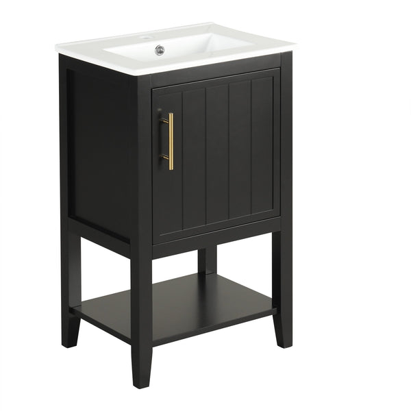 English Elm 20" Matte Freestanding Bathroom Vanity Rubberwood Cabinet Ceramic Sink Open Shelf Black N725P391115B