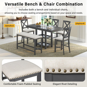 English Elm U_style Rubberwood Farmhouse Bar Table Set Expandable Crossback Chairs Bench Seating Grey WY000534AAE