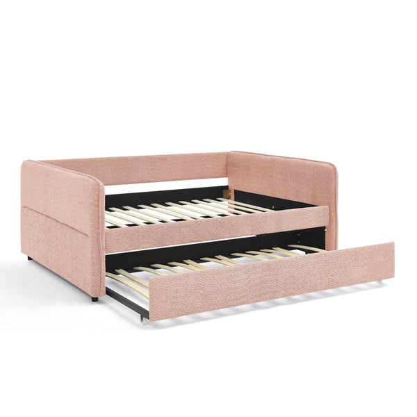 English Elm Full Size Boucle Daybed with Pop up Trundle Tufted Upholstered Sofa Sleeping Pink W1413S00175
