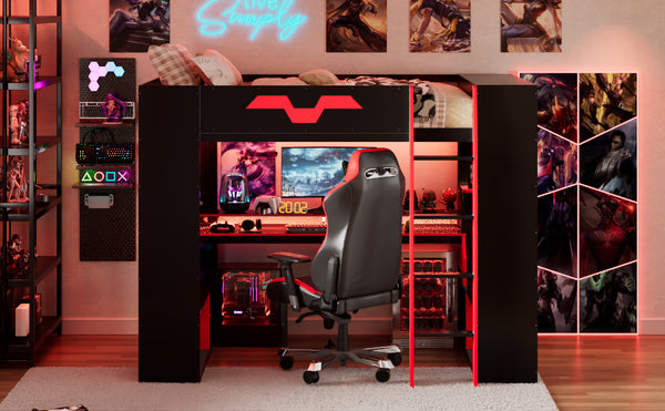 English Elm Full Size Gaming Loft Bed with Rgb Lighting Built-in Desk and Usb Charging Ports LT000275AAJ