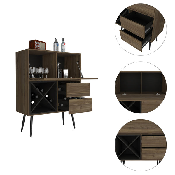 English Elm Sheffield Industrial Bar Cabinet with Eight Bottle Cubbies and Steel Legs for Home Entertaining B128S00155