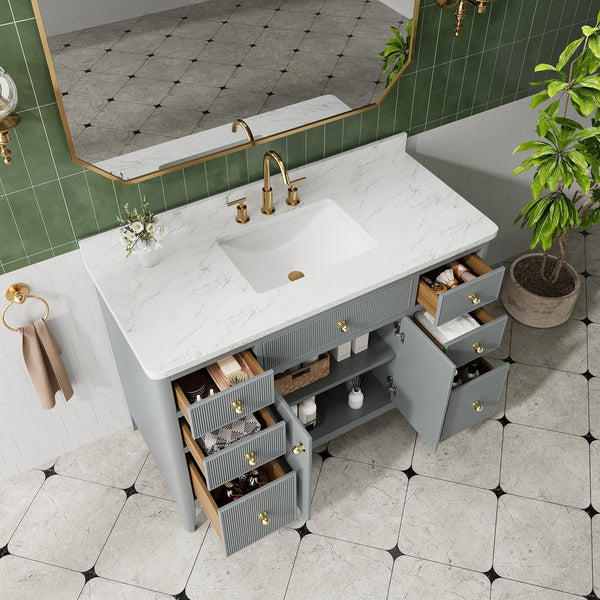 English Elm Fully Assembled 48" Grey Single Sink Bathroom Vanity with Solid Rubberwood, Carrara Top, Soft-Close Drawers W1826P308981
