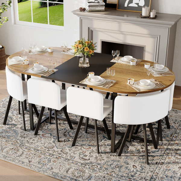 English Elm 9-piece Oval Dining Set Two-tone Wood Triamine Table with Pu Leather Chairs Seats 8 W3875S00153