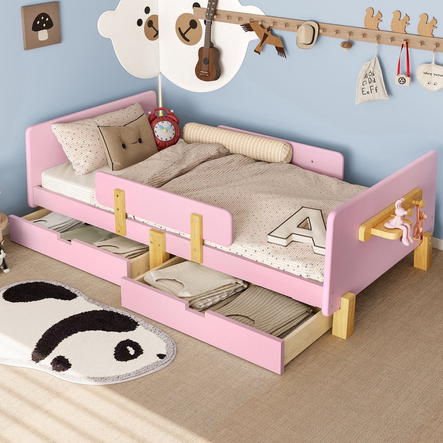 English Elm Twin Low Profile Kids Floor Bed Pine Wood Frame with Safety Rail and Built in Bookshelf W1580P373242