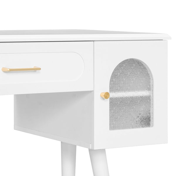 English Elm Elegant Vanity Makeup Table with Charging Station & Carved Glass Door, Sturdy Stool Included White N844P285188A