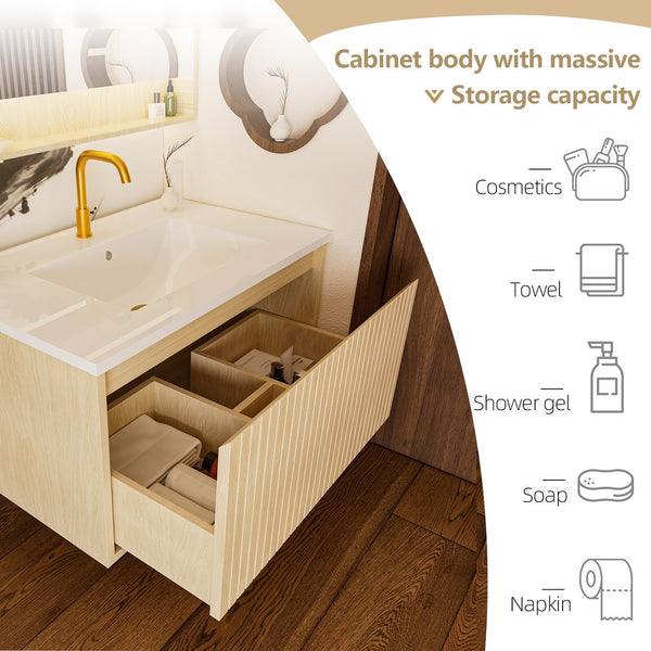 English Elm 30 Inch Bathroom Vanity with Sink — Floor-Standing Stability, Soft-Close Drawers, Ample Storage, Durable Finish Natural Wood 35.47 L x 21.85 W x 8.07 H W3520S00011