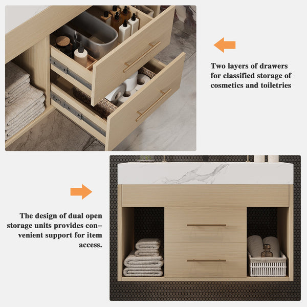 English Elm 29.9" Floating Bathroom Vanity Sintered Stone Top Soft Close Drawers Bronze Gold Hardware White,Wood W3136S00039