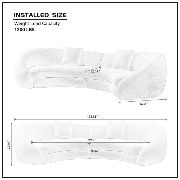 English Elm 125.98" Curved Sofa with Oversized Love Heart Backrest, Beige Fleece, Deep 25.19" Seat, 2 Pillows, Luxe Comfort W3208S00014