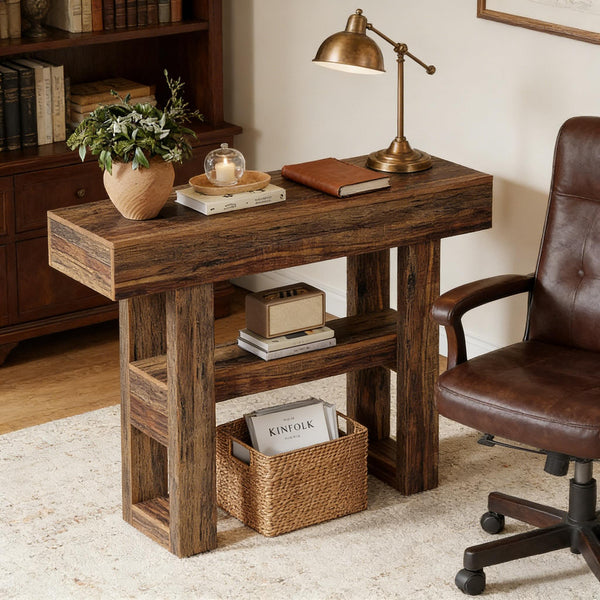 English Elm Entryway Console Table Two Tier Open Shelf Farmhouse Sofa Vintage Brown Finish T3971P460506