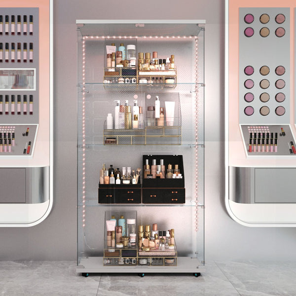 English Elm Tempered Glass Display Cabinet With Bluetooth Led Light, Lockable, Mobile Storage For Home & Office W3155S00006-GIGA