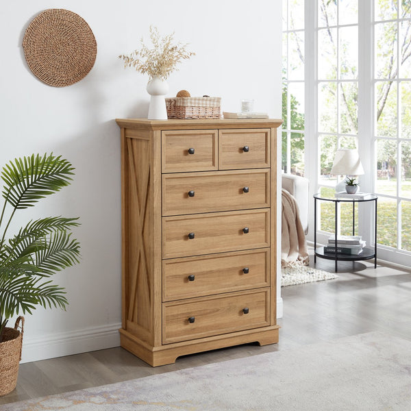 English Elm 6 Drawer Dresser Oak Finish Tall Chest with Silent Metal Rails, Modern Handles, Spacious Storage W2275P206605