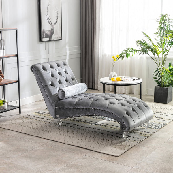 English Elm Velvet Curved Chaise Lounge Sofa with Button-Tufted Back, Thick Foam Cushion & Acrylic Legs for Living Room Comfort Silver W39538683