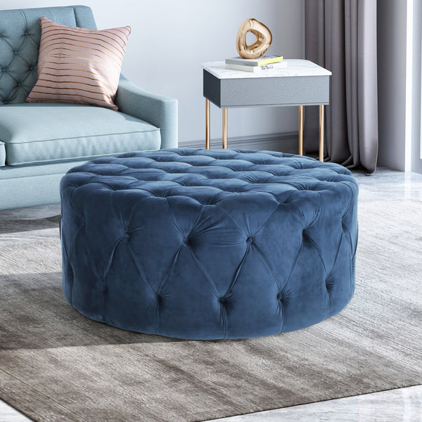 English Elm Ottoman Oversized Velvet Square Tufted Cocktail Piece for Glam Living Room Decor Blue 69074.00BLU