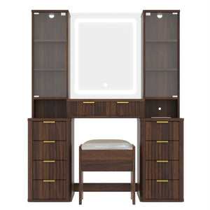 English Elm 43.5" Fluted Makeup Vanity with Led Mirror Glass Top Gold Hardware and Storage Stool Brown N704G202305P