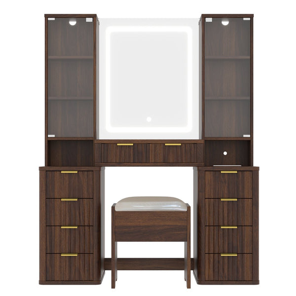 English Elm 43.5" Fluted Makeup Vanity with Led Mirror Glass Top Gold Hardware and Storage Stool Brown N704G202305P